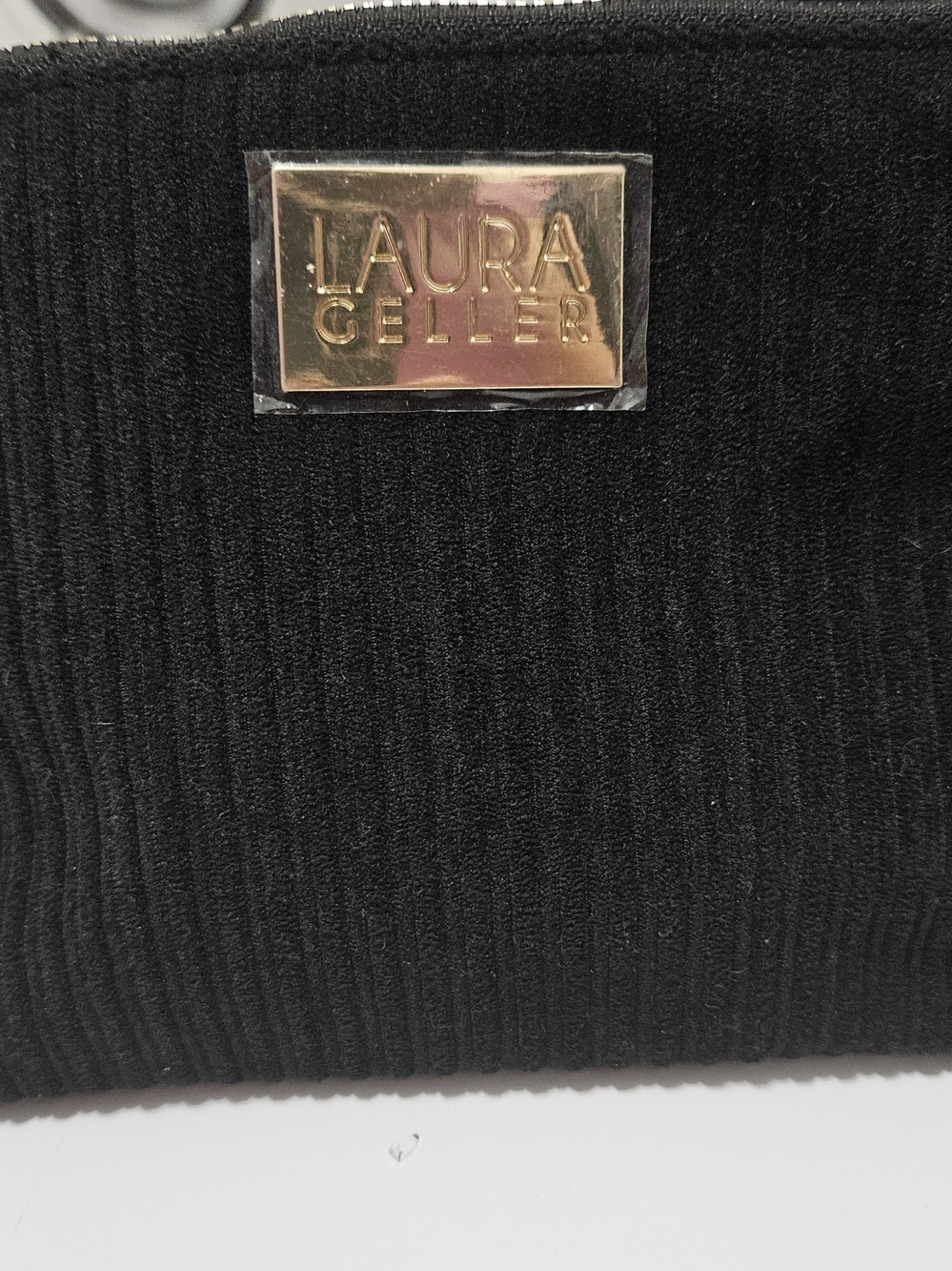 Laura Geller Black Ribbed Clutch Cosmetic Travel Bag with Gold Logo